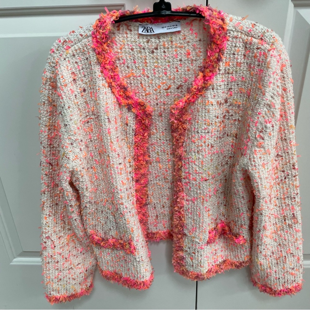 Zara Confetti Ribbon Cut Accents Fraying Boucle Long Sleeve Jacket Cardigan